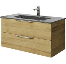 Badmöbel-Set Pelipal Sunline 300 BxHxT 97 x 49,9 x 48 cm Frontfarbe eiche riviera Badmöbelset 2-teilig mit Waschtisch Mineralmarmor grau-metallic