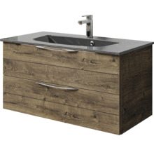 Badmöbel-Set Pelipal Sunline 300 BxHxT 97 x 49,9 x 48 cm Frontfarbe eiche ribbeck Badmöbelset 2-teilig mit Waschtisch Mineralmarmor grau-metallic