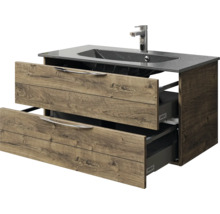 Badmöbel-Set Pelipal Sunline 300 BxHxT 97 x 49,9 x 48 cm Frontfarbe eiche ribbeck Badmöbelset 2-teilig mit Waschtisch Mineralmarmor grau-metallic