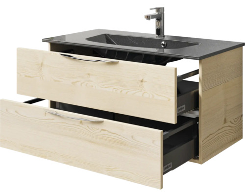 Waschtischunterschrank mit zwei offenen Schubladen, Keramikwaschbecken und Armatur