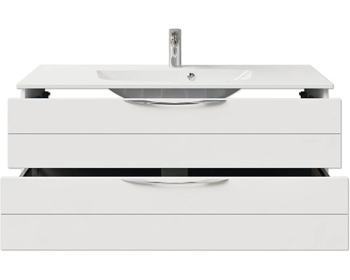 Weißer Waschtischunterschrank mit zwei Schubladen, Waschbecken und Armatur