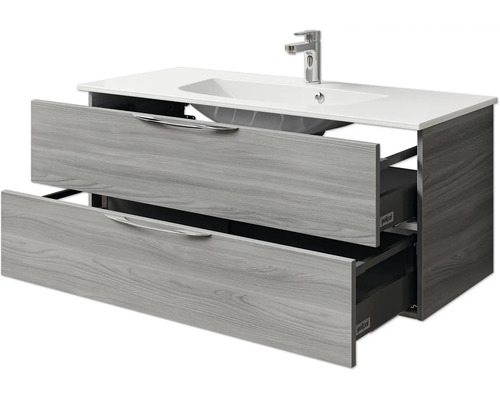 Waschtischunterschrank mit Waschbecken, zwei Schubladen und Griffen