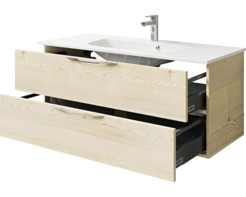 Waschtischunterschrank mit zwei offenen Schubladen unter einem Waschbecken und einer Armatur