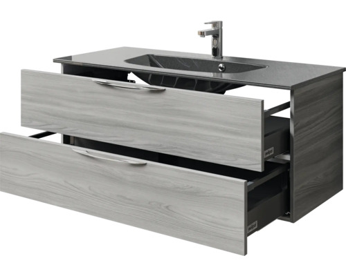 Waschtischunterschrank mit zwei offenen Schubladen und Aufsatzwaschbecken