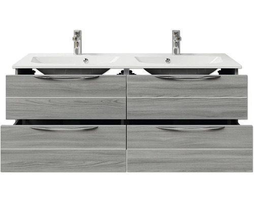 Waschtischunterschrank mit zwei Waschbecken und Schubladen im Holzdesign