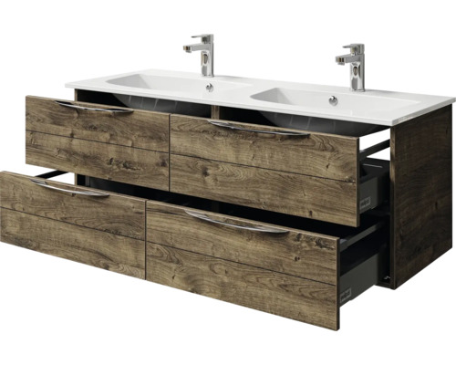 Waschtischunterschrank mit Doppelwaschbecken und offenem Schubfach