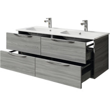 Waschtischunterschrank mit zwei Waschbecken, vier Schubladen und Griffen.