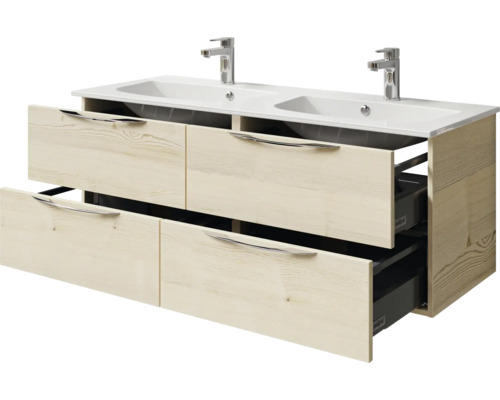 Waschtisch mit zwei Waschbecken, Unterschrank aus Holz und Schubladen