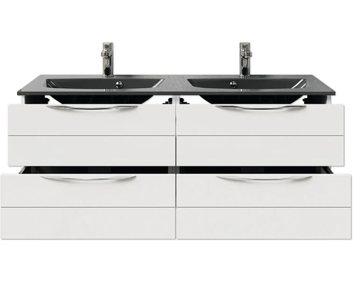 Waschtischunterschrank mit zwei Waschbecken und mehreren Schubladen