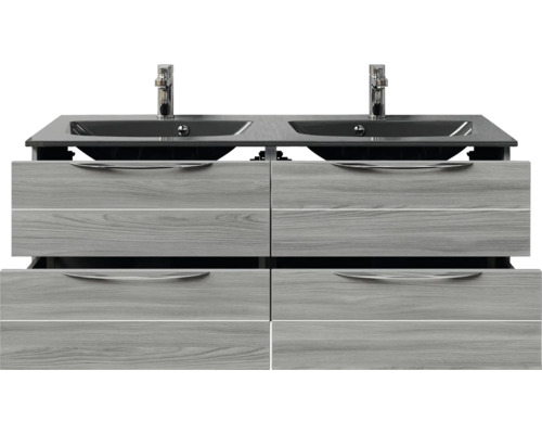 Waschtischunterschrank mit zwei Waschbecken und Schubladen im Holzdekor