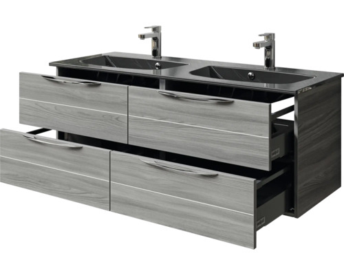 Waschtisch mit zwei Waschbecken und Schubladen im Holzdekor