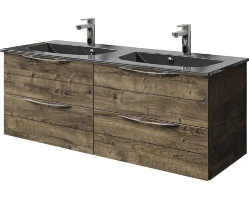 Waschtischunterschrank mit zwei Waschbecken und vier Schubladen in Holzoptik