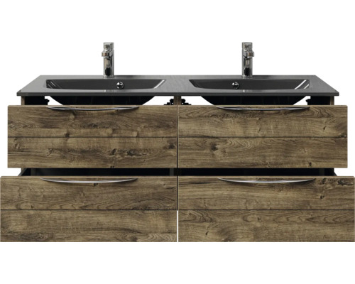 Waschtisch mit zwei Waschbecken und vier Schubladen im Holzdesign