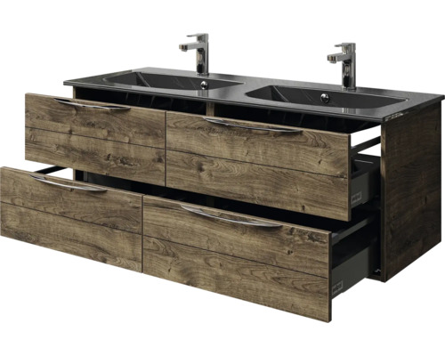 Waschtisch mit zwei Waschbecken und Holzstruktur mit Schubladen