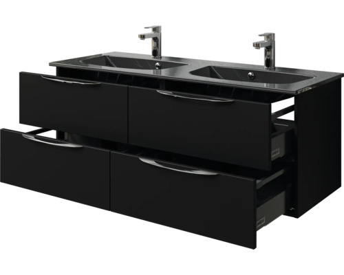 Waschtischunterschrank mit zwei Waschbecken, vier Schubladen und Griffen