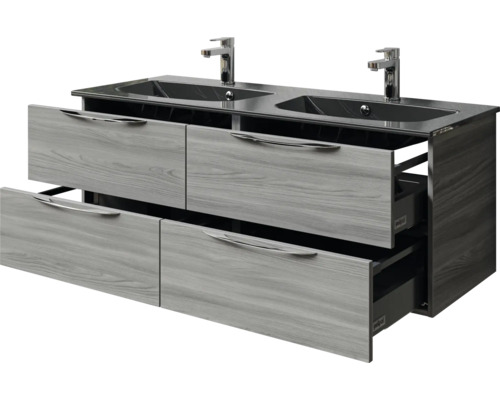 Waschtisch mit zwei Waschbecken, Armaturen und vier Schubladen in Holzoptik