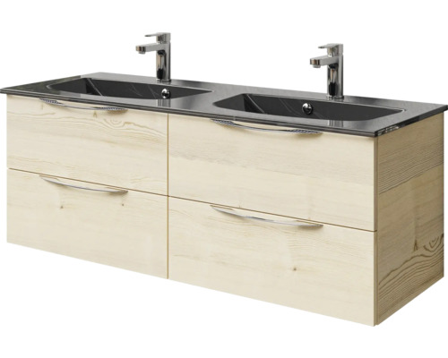 Waschtischunterschrank mit zwei Waschbecken, vier Schubladen und Griffen