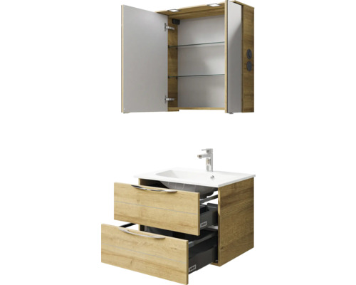Badezimmerset mit Waschbeckenunterschrank, zwei Schubladen und Spiegelschrank mit offenen Türen und Glasablagen