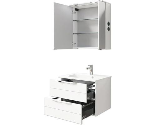 Badezimmermöbelset mit Waschbeckenunterschrank, Waschbecken und Spiegelschrank mit offenen Türen und Schubladen