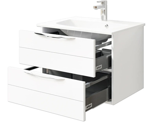 Waschtischunterschrank mit zwei offenen Schubladen und Waschbecken