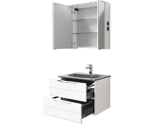 Badezimmer-Set mit Spiegelschrank, Waschbecken und Unterschrank mit offenen Schubladen