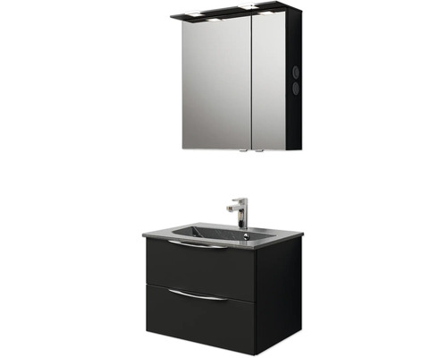 Badezimmerset mit Spiegelschrank inklusive Beleuchtung und Waschtischunterschrank mit Waschbecken