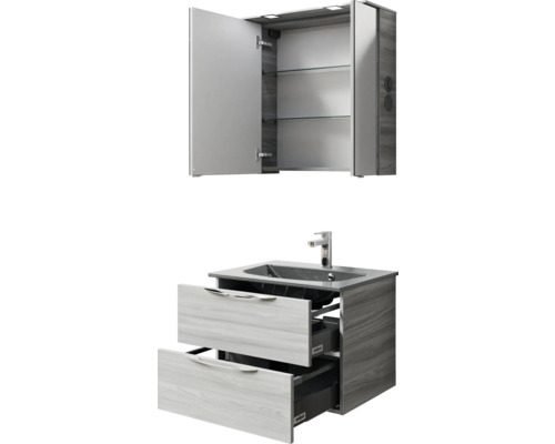 Badezimmer-Set mit Waschbeckenunterschrank mit zwei offenen Schubladen und Spiegelschrank mit geöffneter Tür und Regalen
