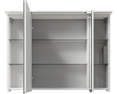 Offener Spiegelschrank mit Glasablagen für das Badezimmer
