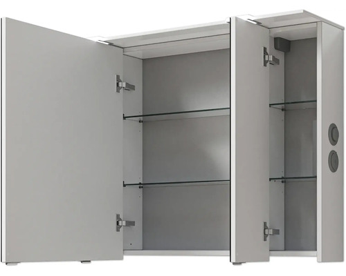 Geöffneter Spiegelschrank mit Glasböden