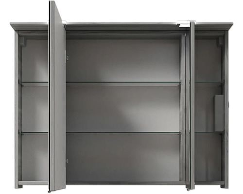 Offener Badezimmerschrank mit Glaseinlegeböden