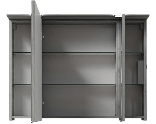 Geöffneter Spiegelschrank mit Glasablagen