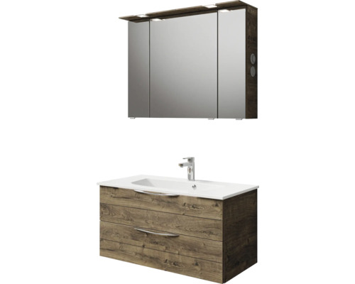 Waschtischunterschrank mit Waschbecken und Spiegelschrank mit Beleuchtung für das Badezimmer