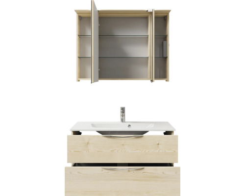 Waschtisch mit Waschbecken und Spiegelschrank mit Regalen für das Badezimmer