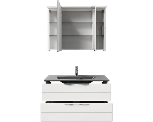 Weißer Waschtischunterschrank mit Waschbecken und Spiegelschrank für das Badezimmer