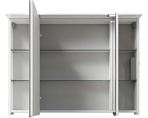 Offener Spiegelschrank mit drei Türen und Glasböden