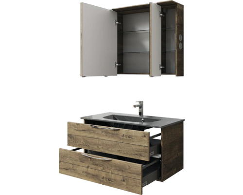 Waschtisch mit zwei Schubladen und Spiegelschrank mit geöffneten Türen und Glasablagen