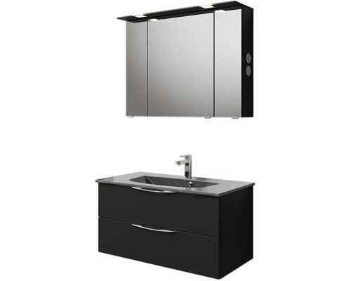 Waschtischunterschrank mit Waschbecken und Spiegelschrank mit Beleuchtung für das Badezimmer.