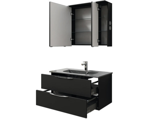 Badezimmerset mit Spiegelschrank, Waschbeckenunterschrank, Waschbecken und Armatur