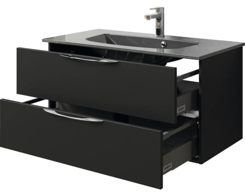 Waschtischunterschrank mit zwei offenen Schubladen und Aufsatzwaschbecken