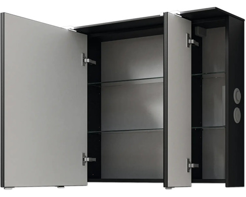 Offener Spiegelschrank mit zwei Türen und Glasböden