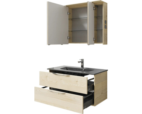 Waschtischkombination mit Spiegelschrank aus Holz und Glas