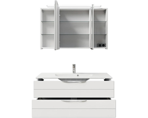 Waschbeckenunterschrank mit Waschbecken und Spiegelschrank mit Glasregalen