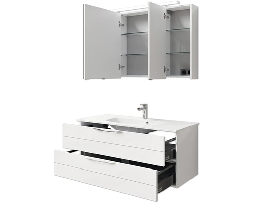 Waschtischkombination mit Waschbecken, Unterschrank mit Schubladen und Spiegelschrank mit offenen Türen