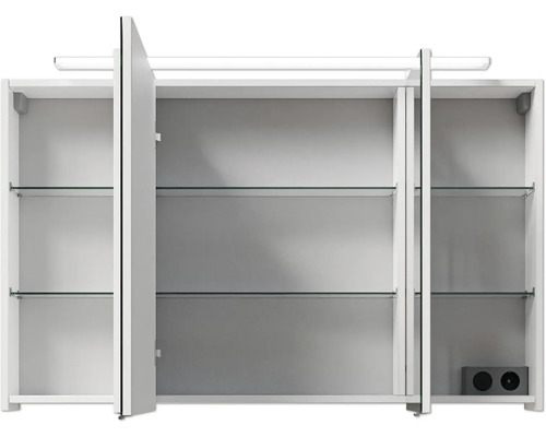 Offener Spiegelschrank mit Glasböden und Beleuchtung