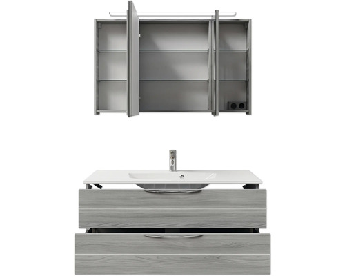 Waschtischkombination mit Waschbecken, Unterschrank mit Schubladen und Spiegelschrank mit Regalen