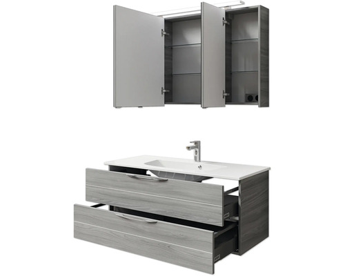 Waschtisch mit Waschbeckenunterschrank und Spiegelschrank mit offenen Türen