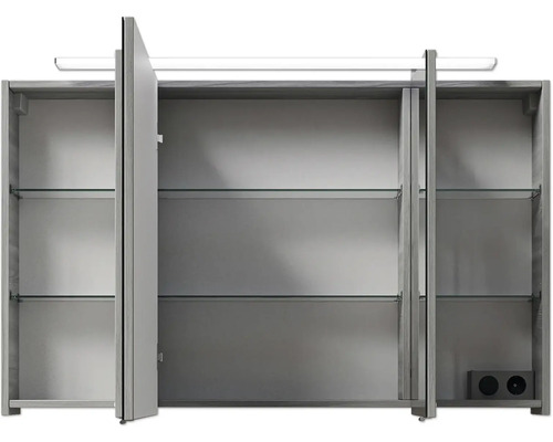 Offener Spiegelschrank mit Glasböden und Beleuchtung