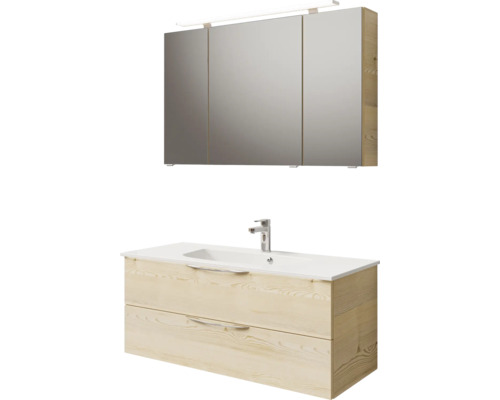 Badezimmerensemble mit Waschtischunterschrank, Waschbecken und Spiegelschrank mit Beleuchtung