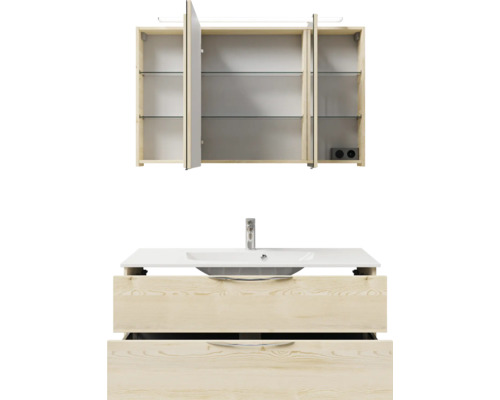 Badezimmer Möbelset mit Waschbecken, Unterschrank mit Schubladen und Spiegelschrank mit Regalen