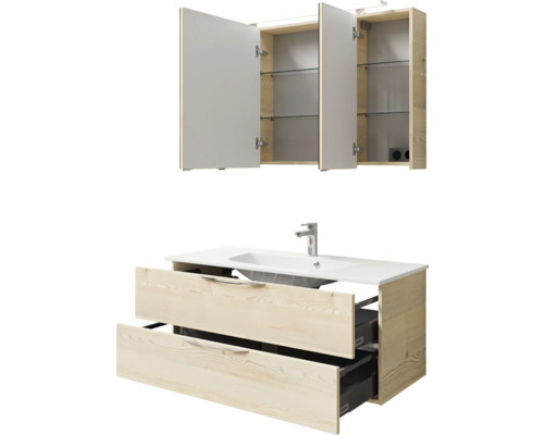 Waschtisch mit Unterschrank und Spiegelschrank mit offenen Türen für das Badezimmer